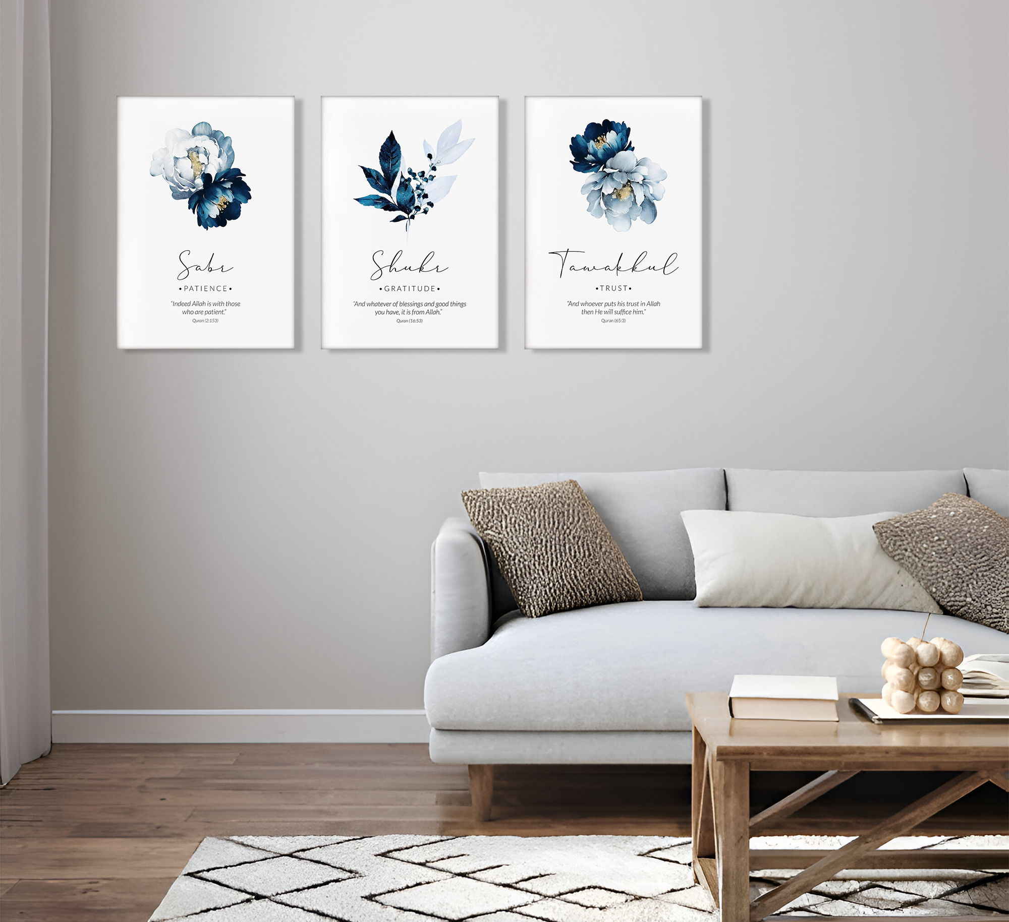 Sabr Shukr Tawakkul Flowers Islamic Canvas Wall Painting Set of 3