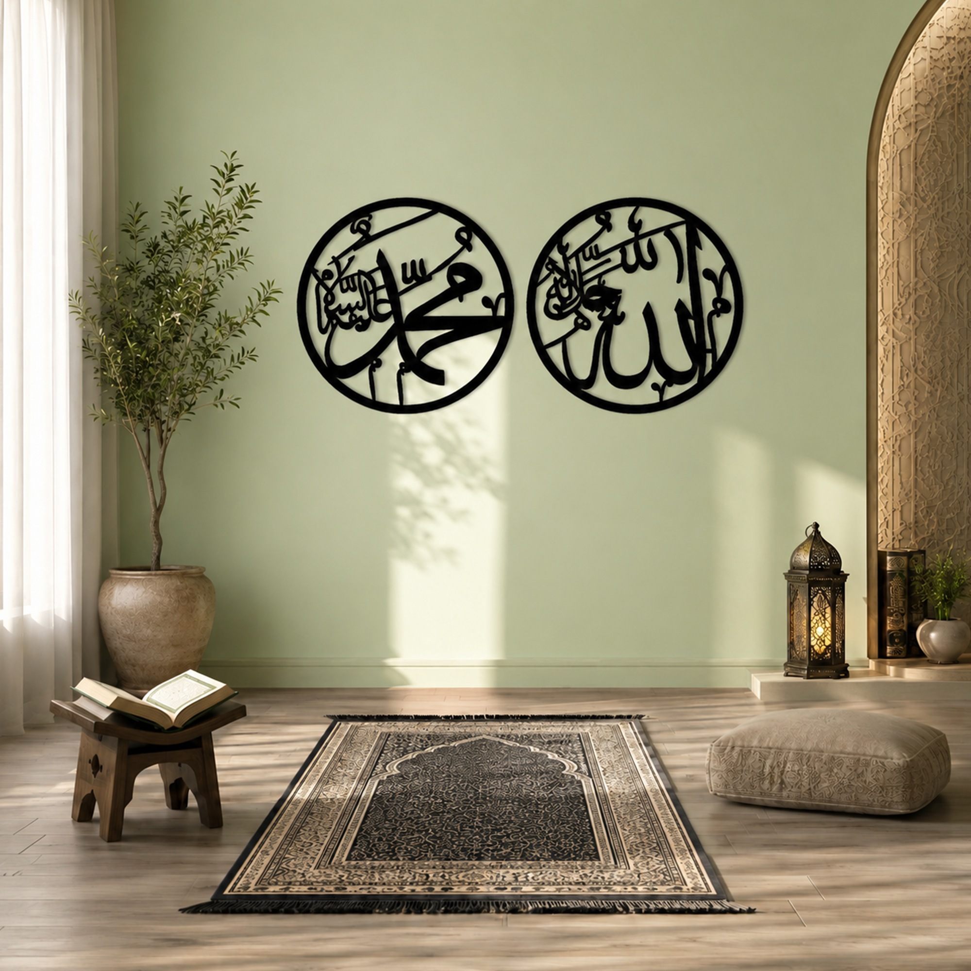 Allah Muhammad Metal Wall Art Set – Islamic Arabic Calligraphy Wall Decor