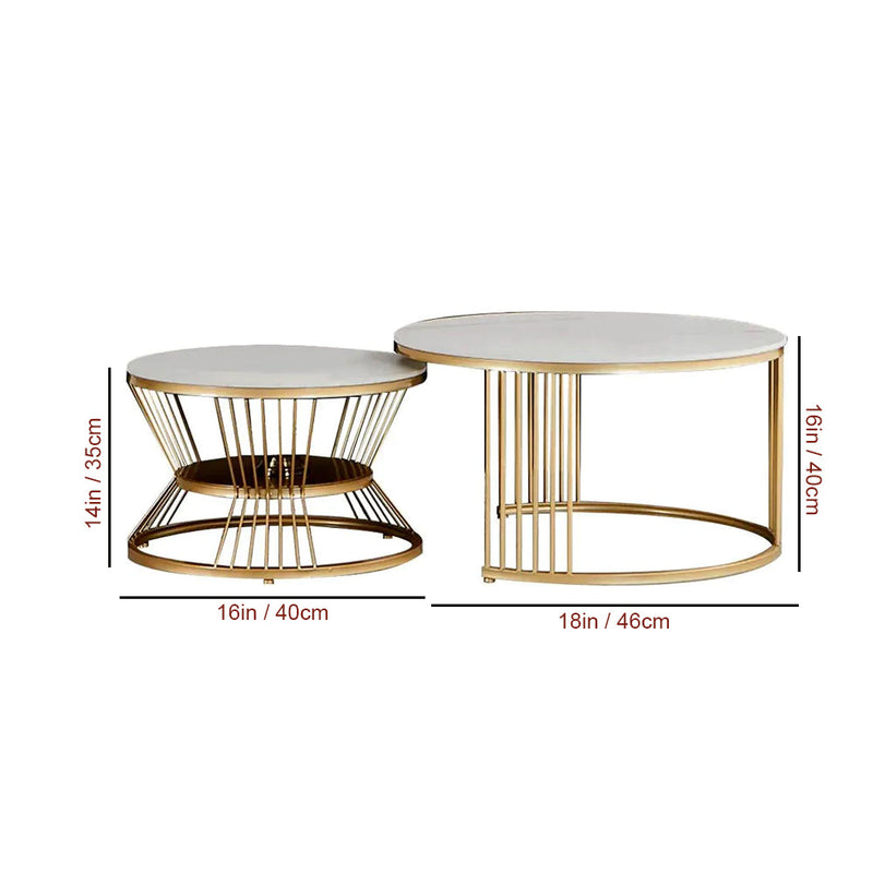 white and golden tethering coffee tables