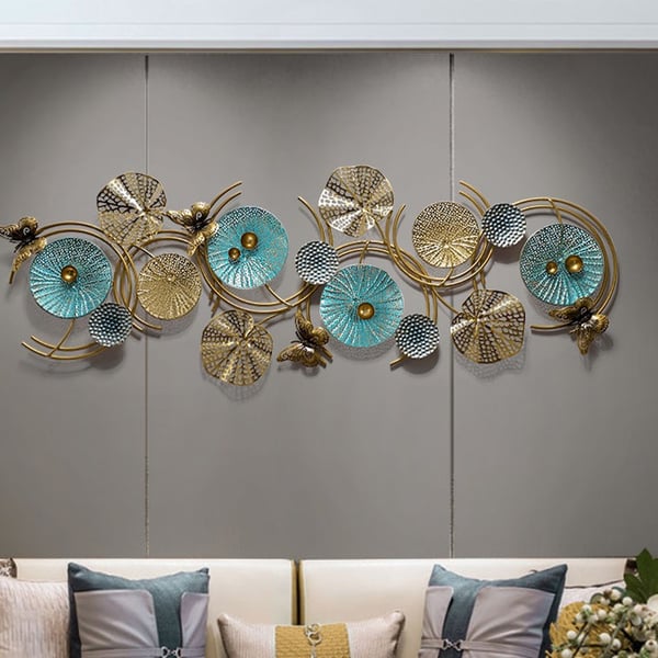 Round Shell Textured Golden & Blue Abstract Metal Wall Art