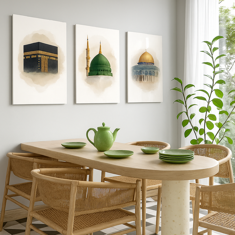 Kaaba Mecca, Masjid an-Nabawi Medina, Al Aqsa Islamic Canvas Wall Painting Set of 3