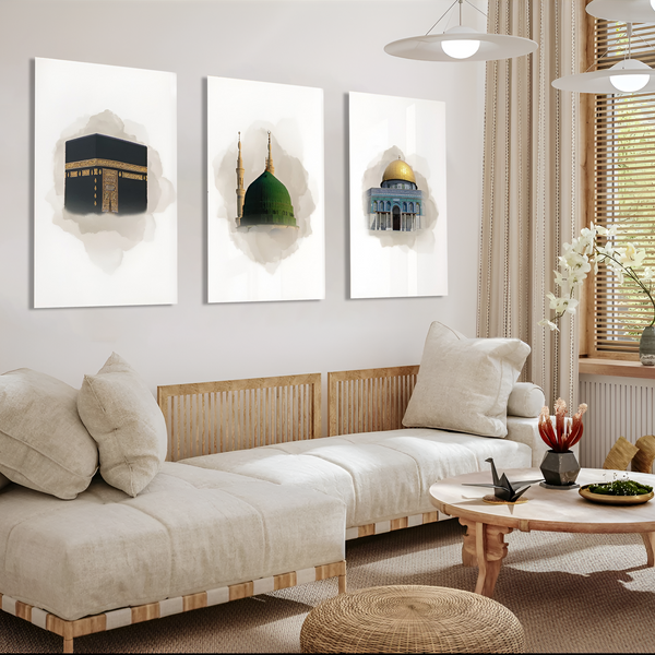 Kaaba Mecca, Masjid an-Nabawi Medina, Al Aqsa Islamic Canvas Wall Painting Set of 3