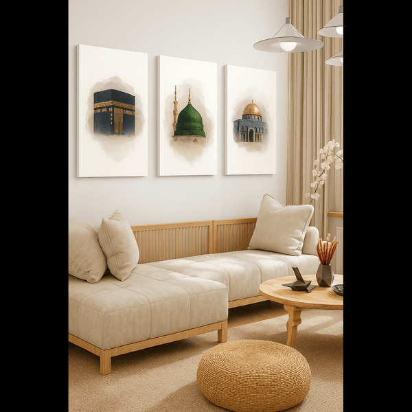 Kaaba Mecca, Masjid an-Nabawi Medina, Al Aqsa Islamic Canvas Wall Painting Set of 3