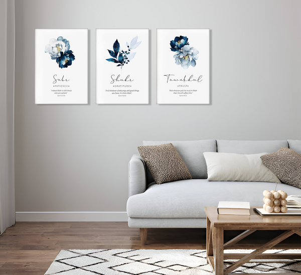Sabr Shukr Tawakkul Flowers  Islamic Canvas Wall Painting Set of 3