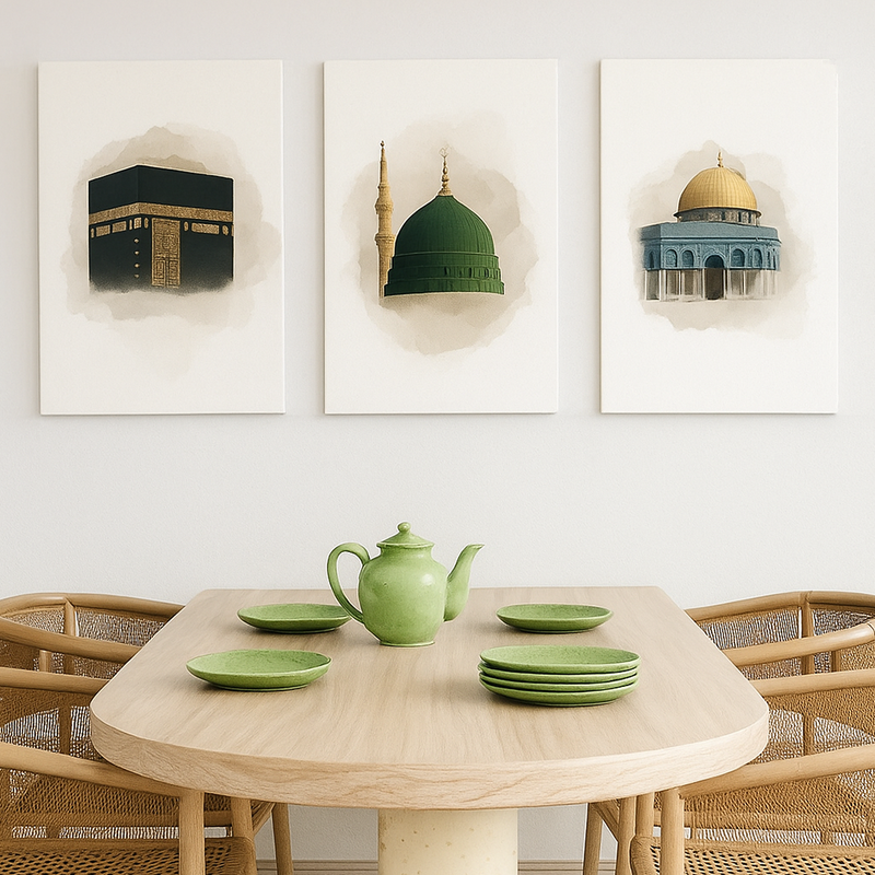 Kaaba Mecca, Masjid an-Nabawi Medina, Al Aqsa Islamic Canvas Wall Painting Set of 3
