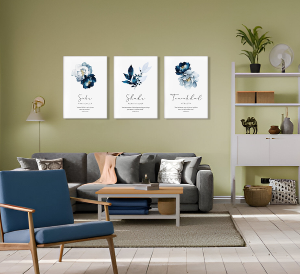 Sabr Shukr Tawakkul Flowers  Islamic Canvas Wall Painting Set of 3