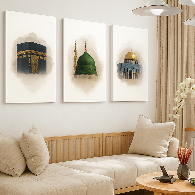 Kaaba Mecca, Masjid an-Nabawi Medina, Al Aqsa Islamic Canvas Wall Painting Set of 3
