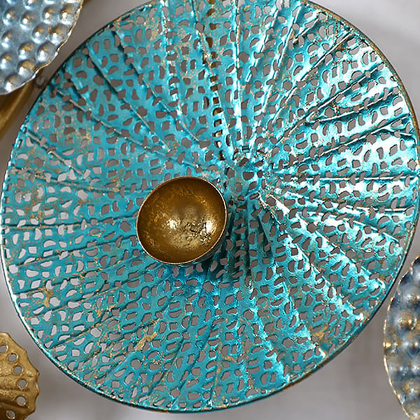 Round Shell Textured Golden & Blue Abstract Metal Wall Art