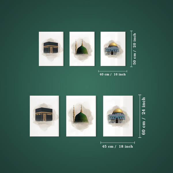 Kaaba Mecca, Masjid an-Nabawi Medina, Al Aqsa Islamic Canvas Wall Painting Set of 3