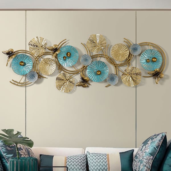 Round Shell Textured Golden & Blue Abstract Metal Wall Art