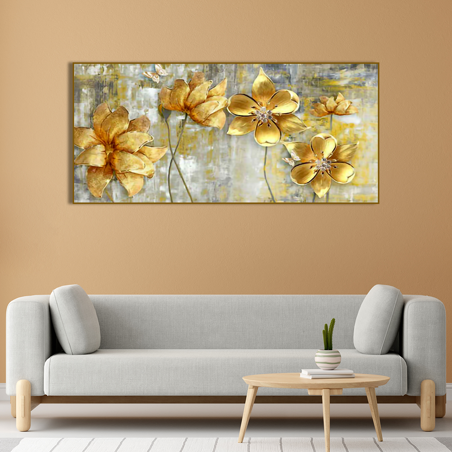 Golden Abstract Flowers Premium Wall Painting