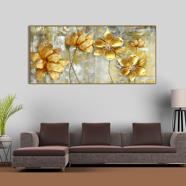 Golden Abstract Flowers Premium Wall Painting