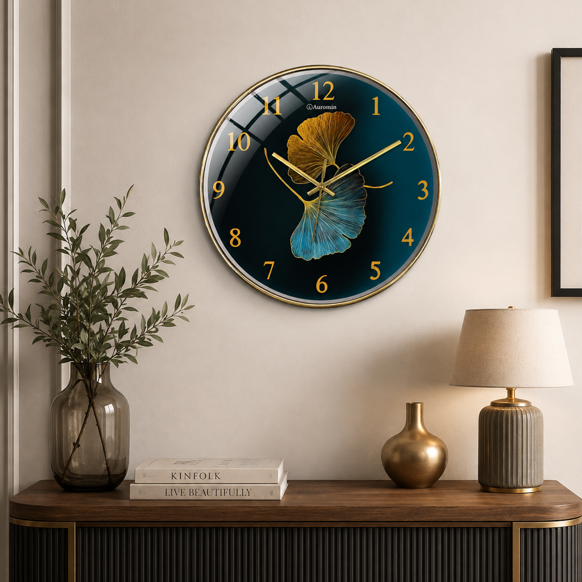 2Leaf Gold Glass Wall Clock