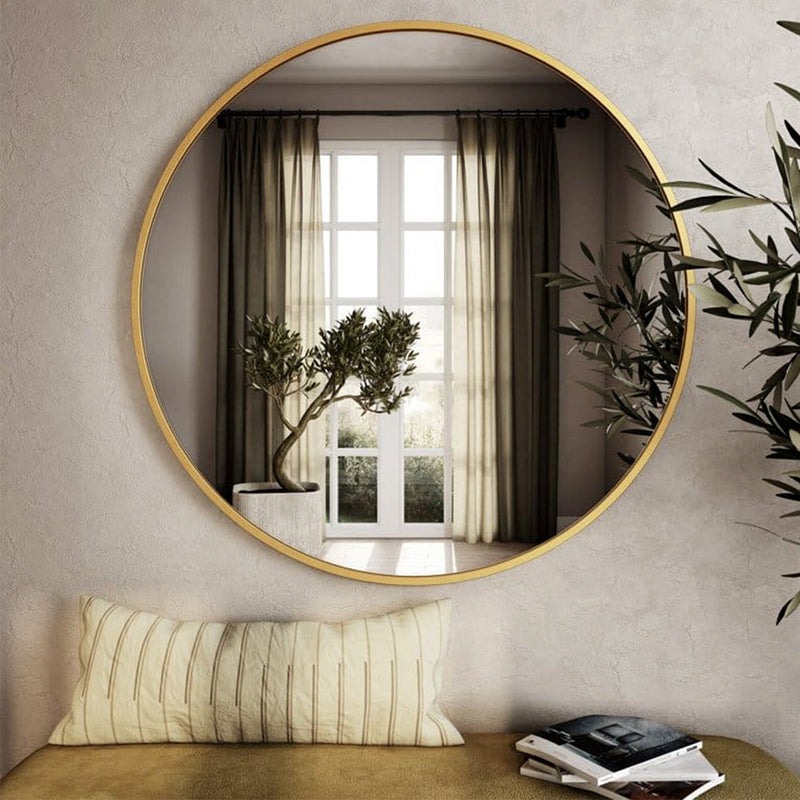 Matte Polish Golden Bordered Minimalist Round Wall Mirror