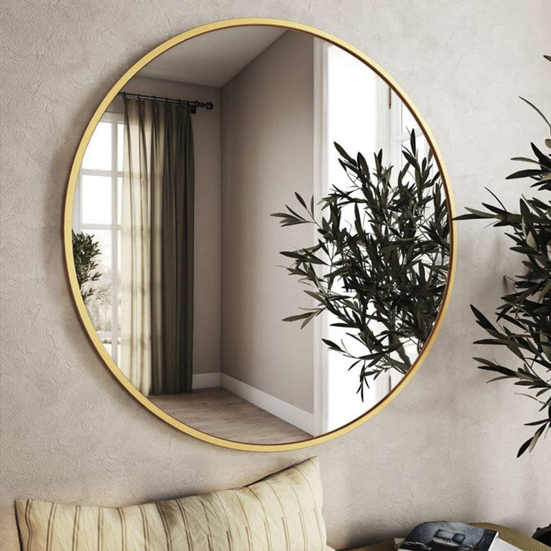 Matte Polish Golden Bordered Minimalist Round Wall Mirror