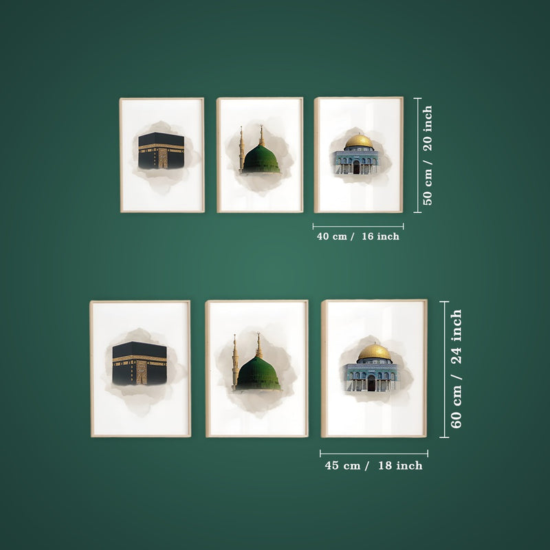 Kaaba Mecca, Masjid an-Nabawi Medina, Al Aqsa Islamic Canvas Wall Painting Set of 3