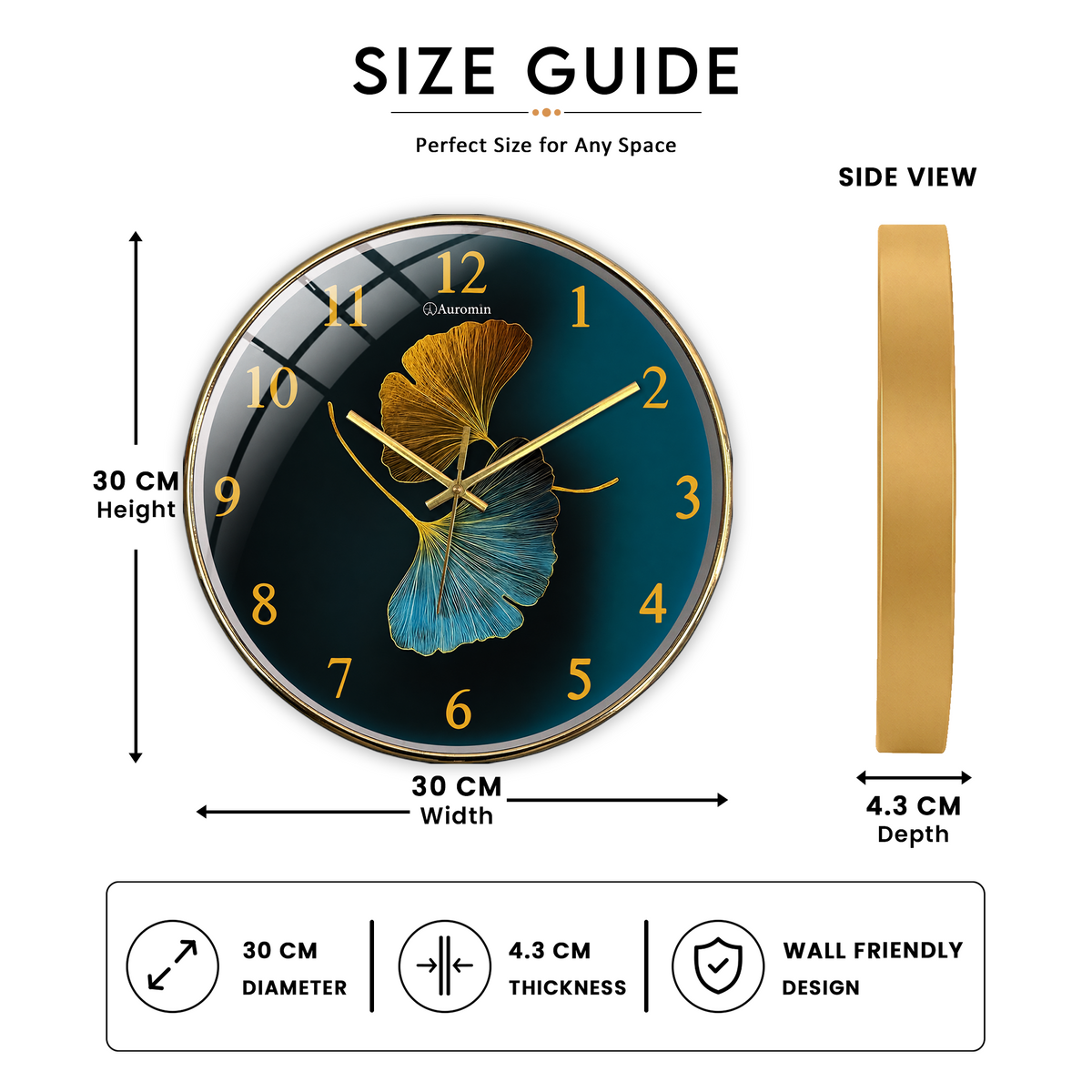 2Leaf Gold Glass Wall Clock
