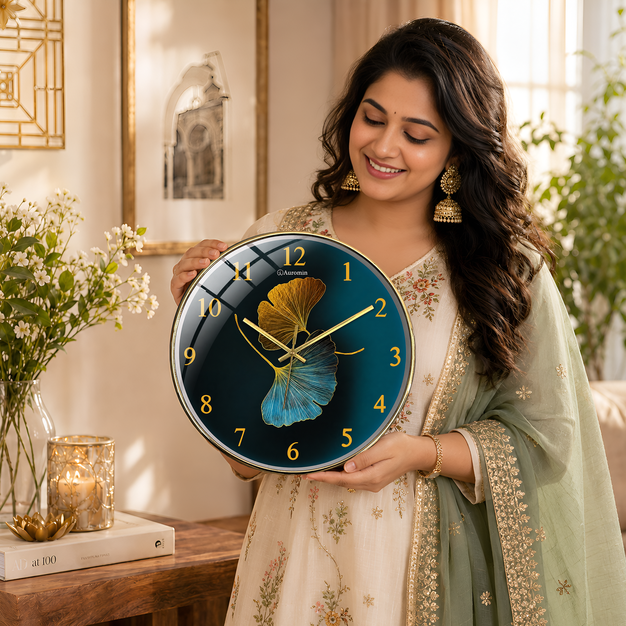 2Leaf Gold Glass Wall Clock