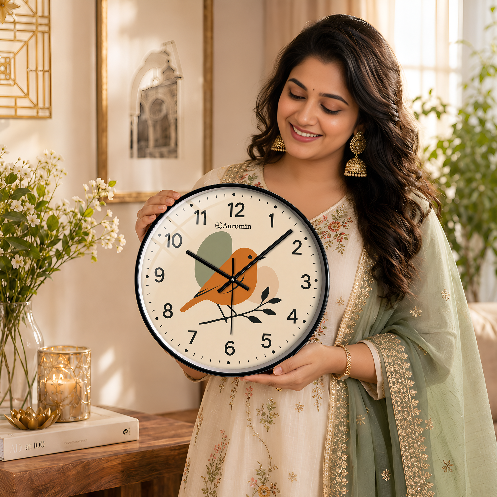 Bird Beige Glass Wall Clock