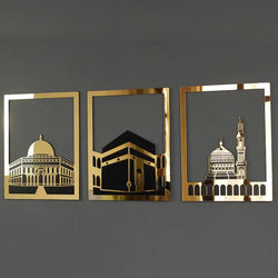 Masjid Al Aqsa, Masjid Al-Haram & Masjid An-Nabawi Wooden Acrylic Islamic Wall Art Set